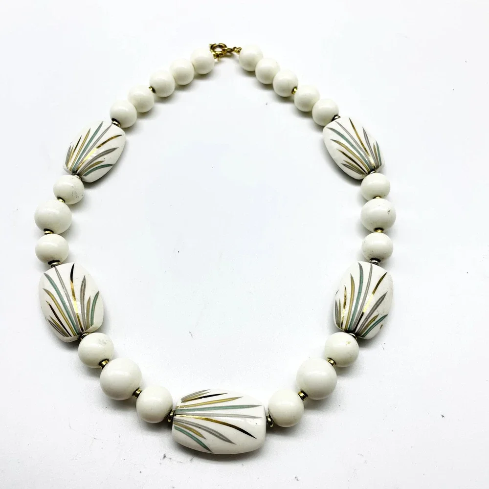 Vintage Japan Necklace White Painted Bead Oval Round Beads Mid Century Retro